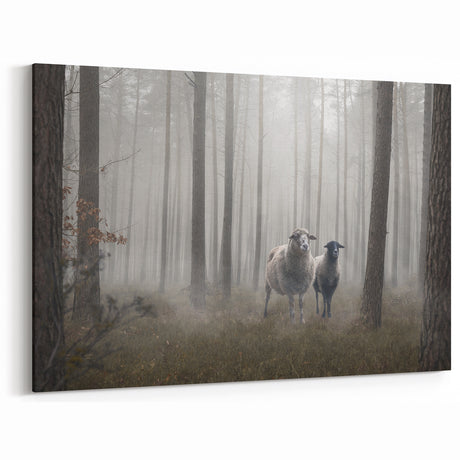 Misty Forest Sheep Art - Tranquil Woodland Canvas for Peaceful Decor