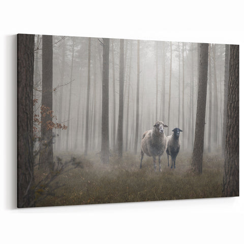 Misty Forest Sheep Art - Tranquil Woodland Canvas for Peaceful Decor