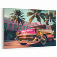 Vibrant Retro Car Art: Pink Cadillac and Palm Trees Prints for Decor