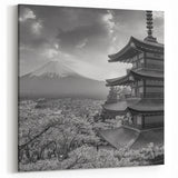 Monochrome Pagoda and Mt. Fuji Canvas Art - Elegant Black and White Decor