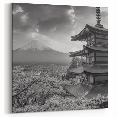 Monochrome Pagoda and Mt. Fuji Canvas Art - Elegant Black and White Decor