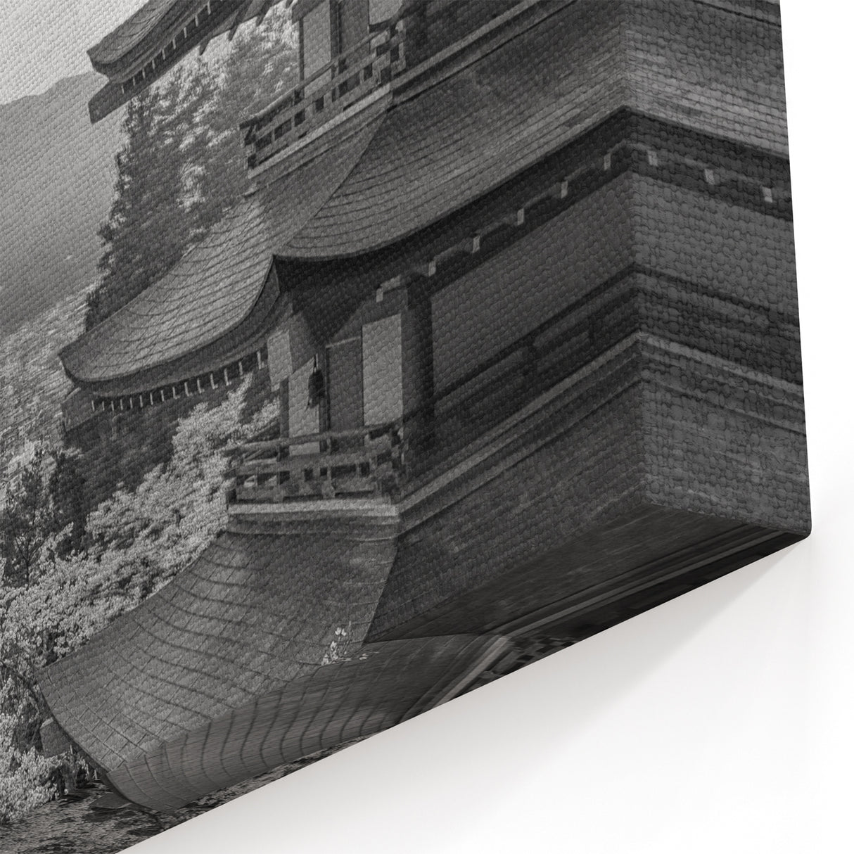 Monochrome Pagoda and Mt. Fuji Canvas Art - Elegant Black and White Decor