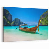 Exotic Beach Landscape Wall Art - Wooden Boat and Turquoise Waters Canvas