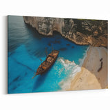 Shipwreck Beach Landscape Wall Art - Rustic Ship and Blue Waters Canvas