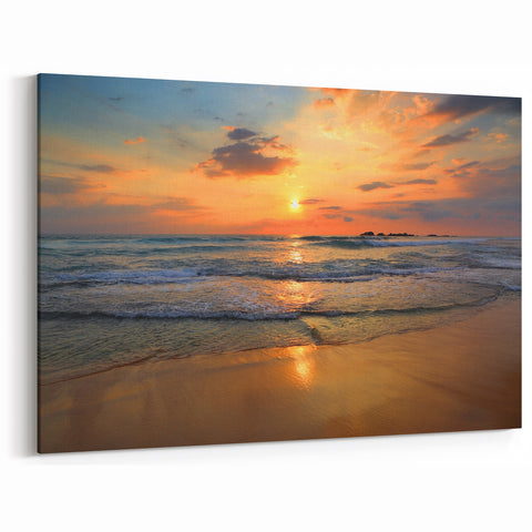 Golden Sunset Beach Landscape Wall Art - Ocean Waves and Warm Horizons