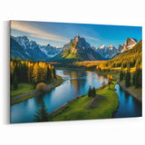 Golden Mountain River Canvas Art - Serene Nature Landscape Decor