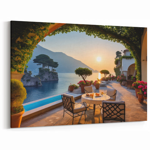 Tranquil Coastal Village - Serene Mediterranean Patio Canvas Art