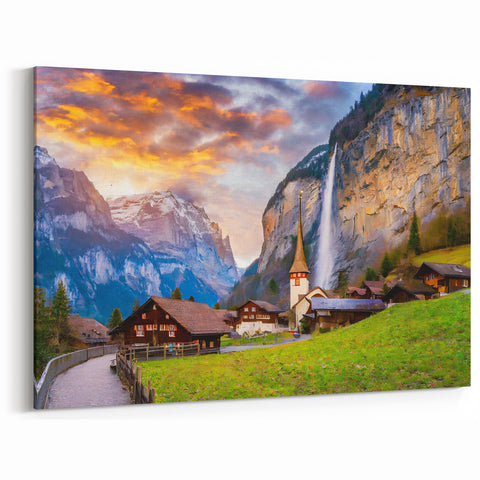Swiss Mountain Village - Majestic Waterfall & Alpine Landscape Art