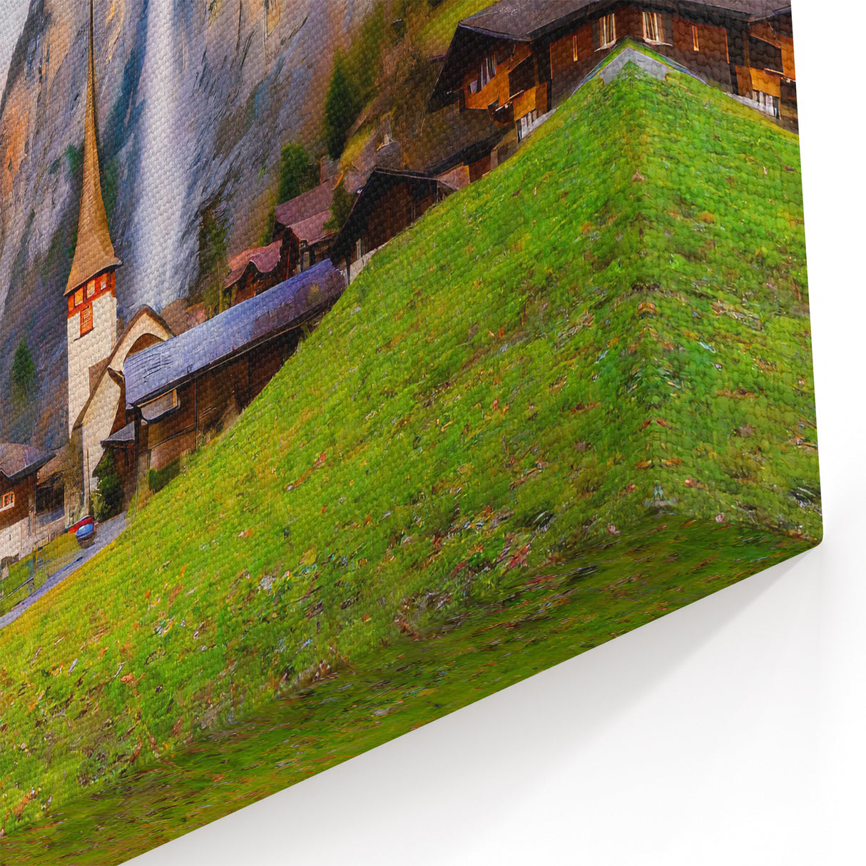 Swiss Mountain Village - Majestic Waterfall & Alpine Landscape Art