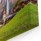 Swiss Mountain Village - Majestic Waterfall & Alpine Landscape Art