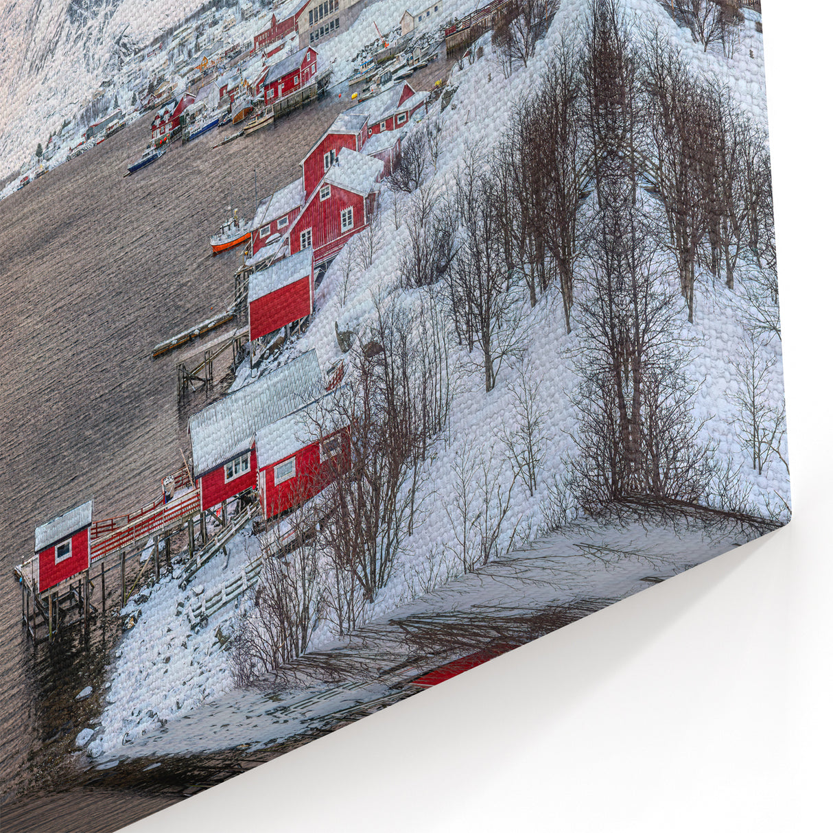 Arctic Village Serenity - Snow-Covered Mountains & Fjord Canvas Art