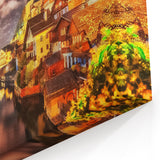 Enchanting Alpine Village - Nighttime Glow & Mountain Reflection Art
