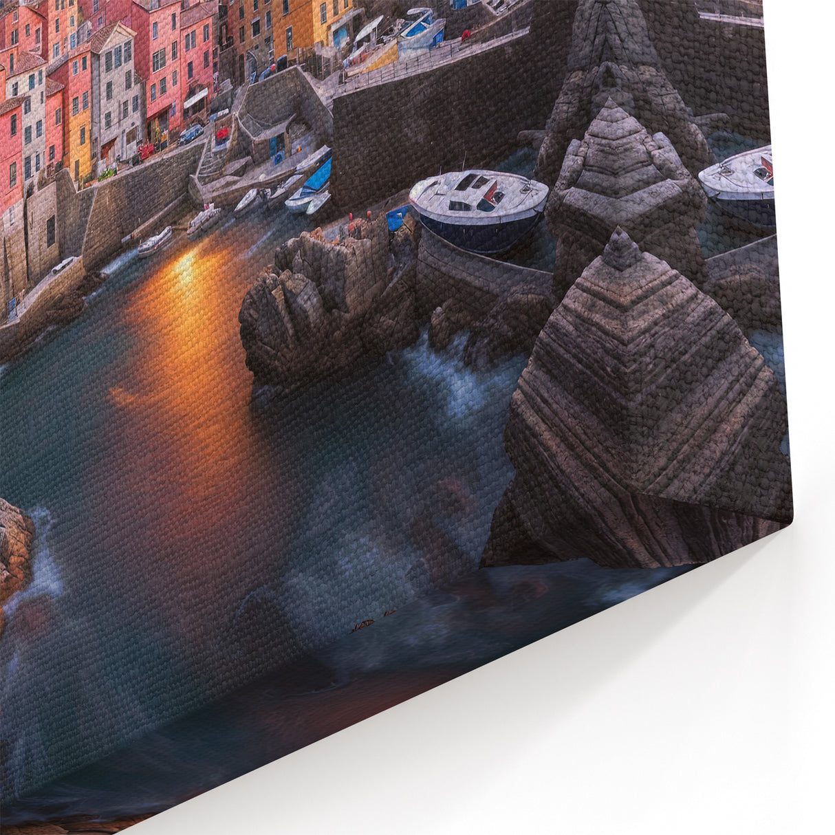 Colorful Coastal Village - Sunset Glow over Mediterranean Canvas Art