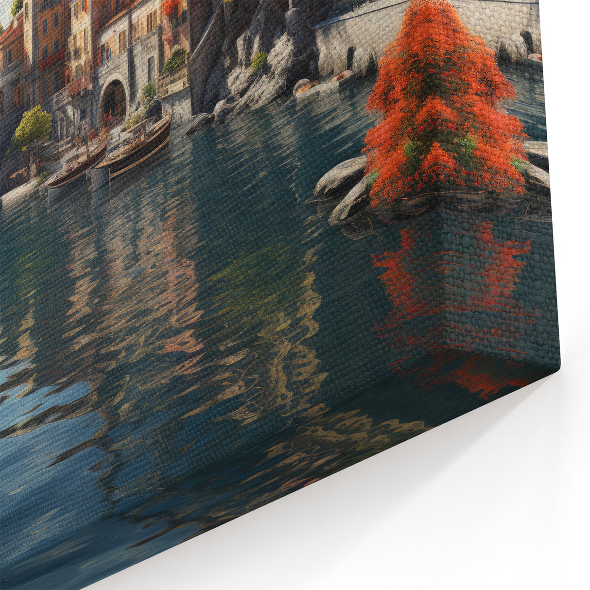 Serene Lakeside Village - Peaceful Mediterranean Boats & Villas Art