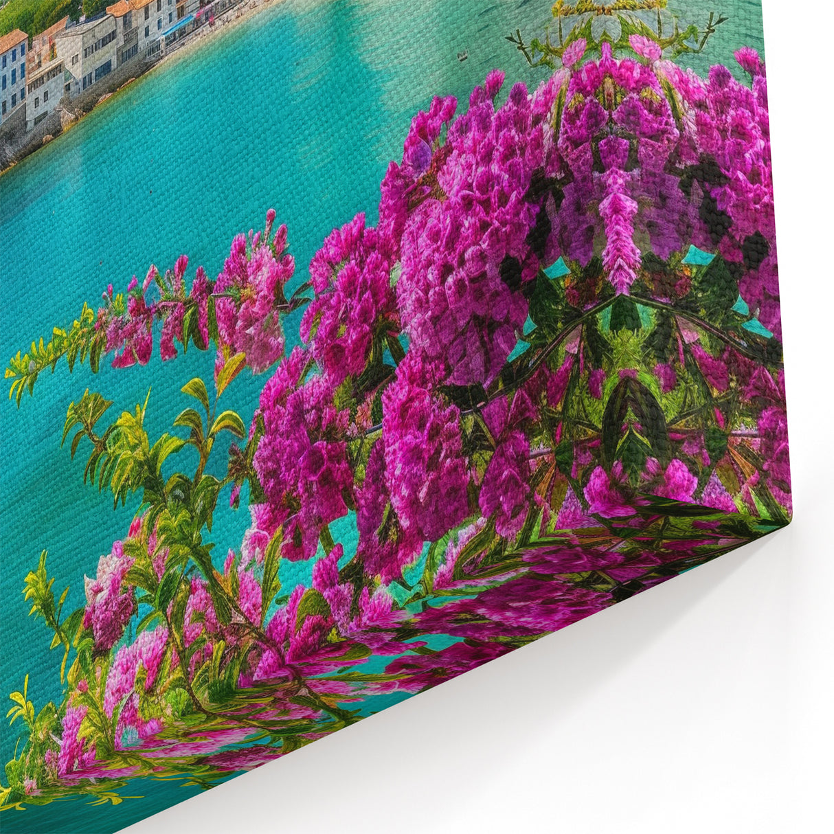 Vibrant Coastal Village - Turquoise Waters & Floral Mediterranean Art