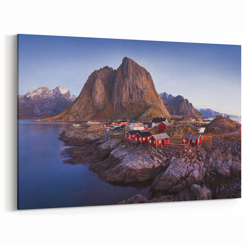 Scenic Village Prints - Serene Coastal Village with Mountain Backdrop