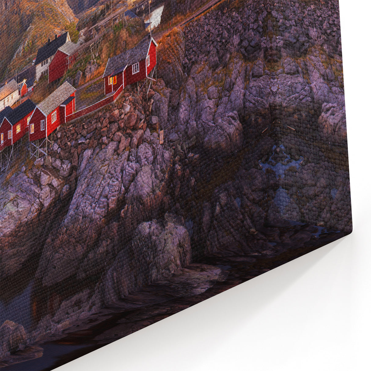Scenic Village Prints - Serene Coastal Village with Mountain Backdrop