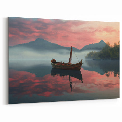 Misty Morning Rowboat on Lake - Serene Coastal Wall Art Print