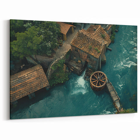 Vintage Watermill Canvas Print - Historic Watermill Scenic Art