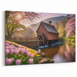 Spring Watermill Canvas Print - Blossoming Watermill Landscape Art