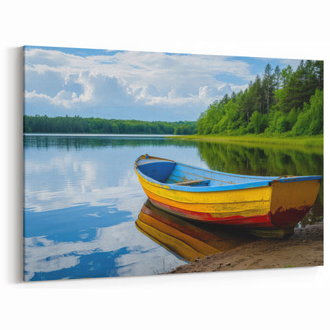 Colorful Rowboat on Peaceful Lake - Vibrant Coastal Wall Art Print