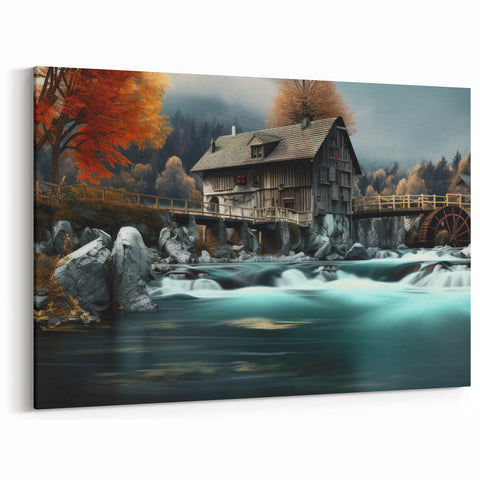Autumn Watermill Canvas Print - Dramatic Red and Blue Landscape Art