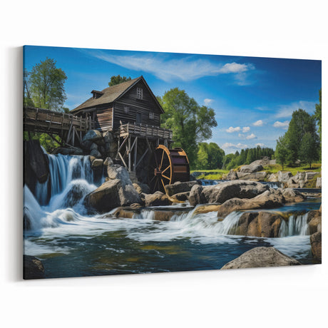Rustic Watermill Canvas Print - Majestic River Landscape Wall Art
