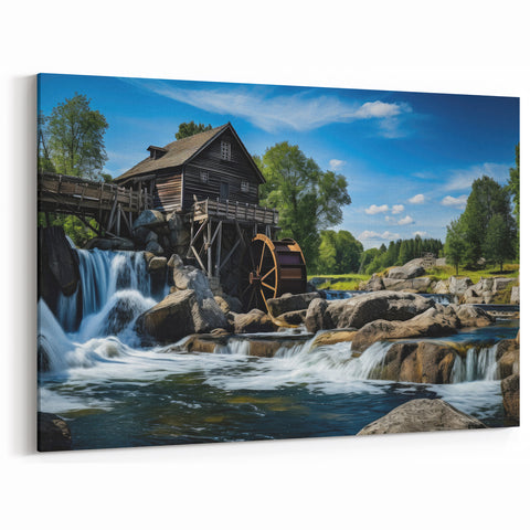 Rustic Watermill Canvas Print - Majestic River Landscape Wall Art