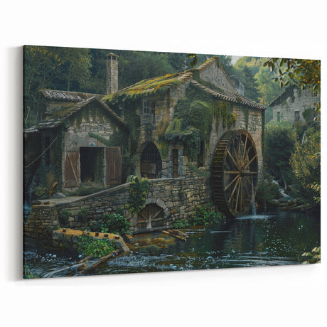 Historic Watermill Wall Art - Serene Rustic Landscape Canvas Print