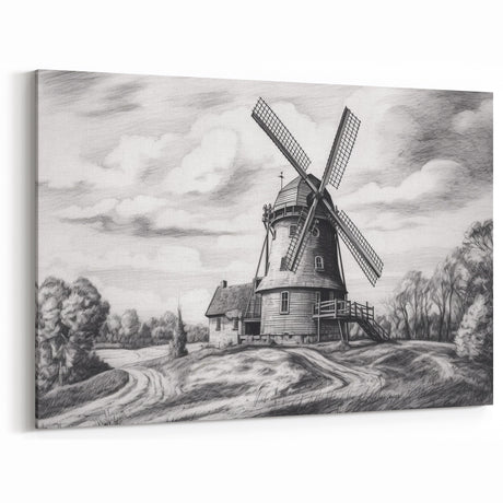 Vintage Windmill Sketch Art - Black and White Windmill Canvas Print
