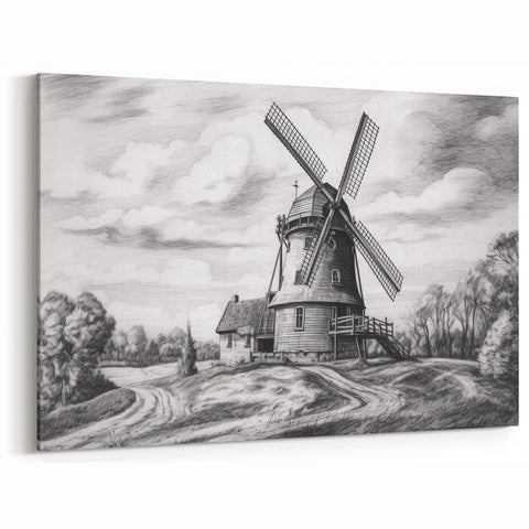 Vintage Windmill Sketch Art - Black and White Windmill Canvas Print