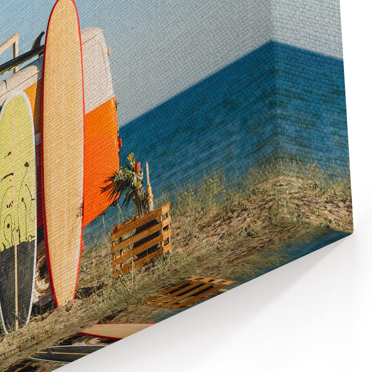 Retro Camper Van Beach Scene - Vibrant Surfing Adventure Wall Art Print