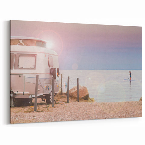 Serene Lakeside Caravan Art - Paddleboard Adventure Wall Art Print