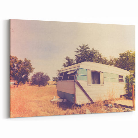 Vintage Caravan in Sunlit Field - Retro Trailer Adventure Wall Art Print