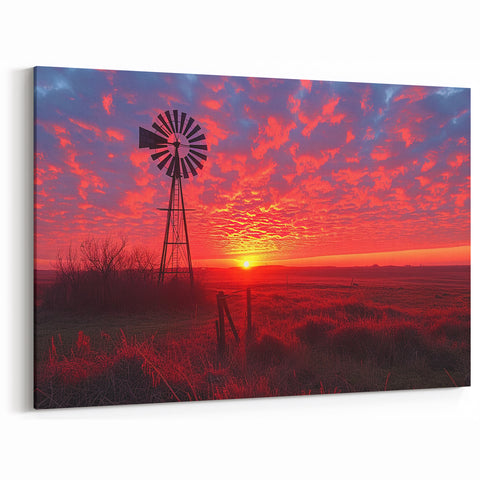 Fiery Sunset Windmill Art - Vibrant Windmill Canvas Print Decor