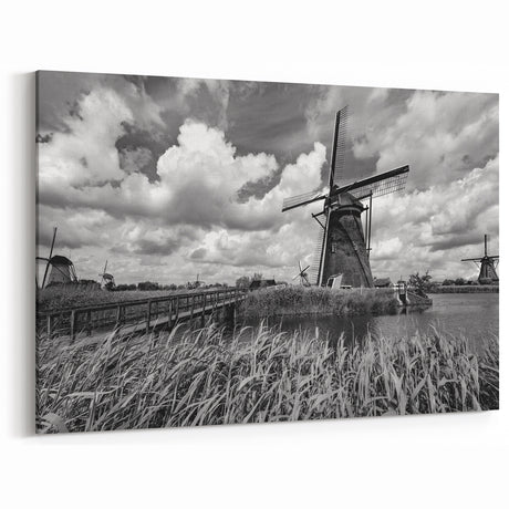 Classic Windmill Black and White Art - Monochrome Windmill Canvas Print