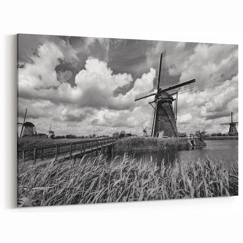 Classic Windmill Black and White Art - Monochrome Windmill Canvas Print