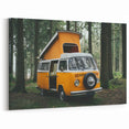Retro Orange Camper Van in Forest - Rustic Adventure Wall Art Print
