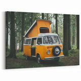 Retro Orange Camper Van in Forest - Rustic Adventure Wall Art Print