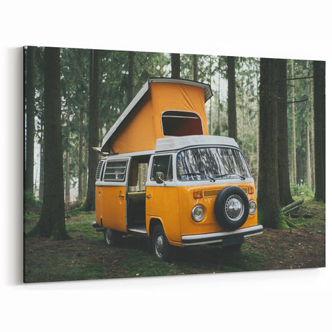 Retro Orange Camper Van in Forest - Rustic Adventure Wall Art Print