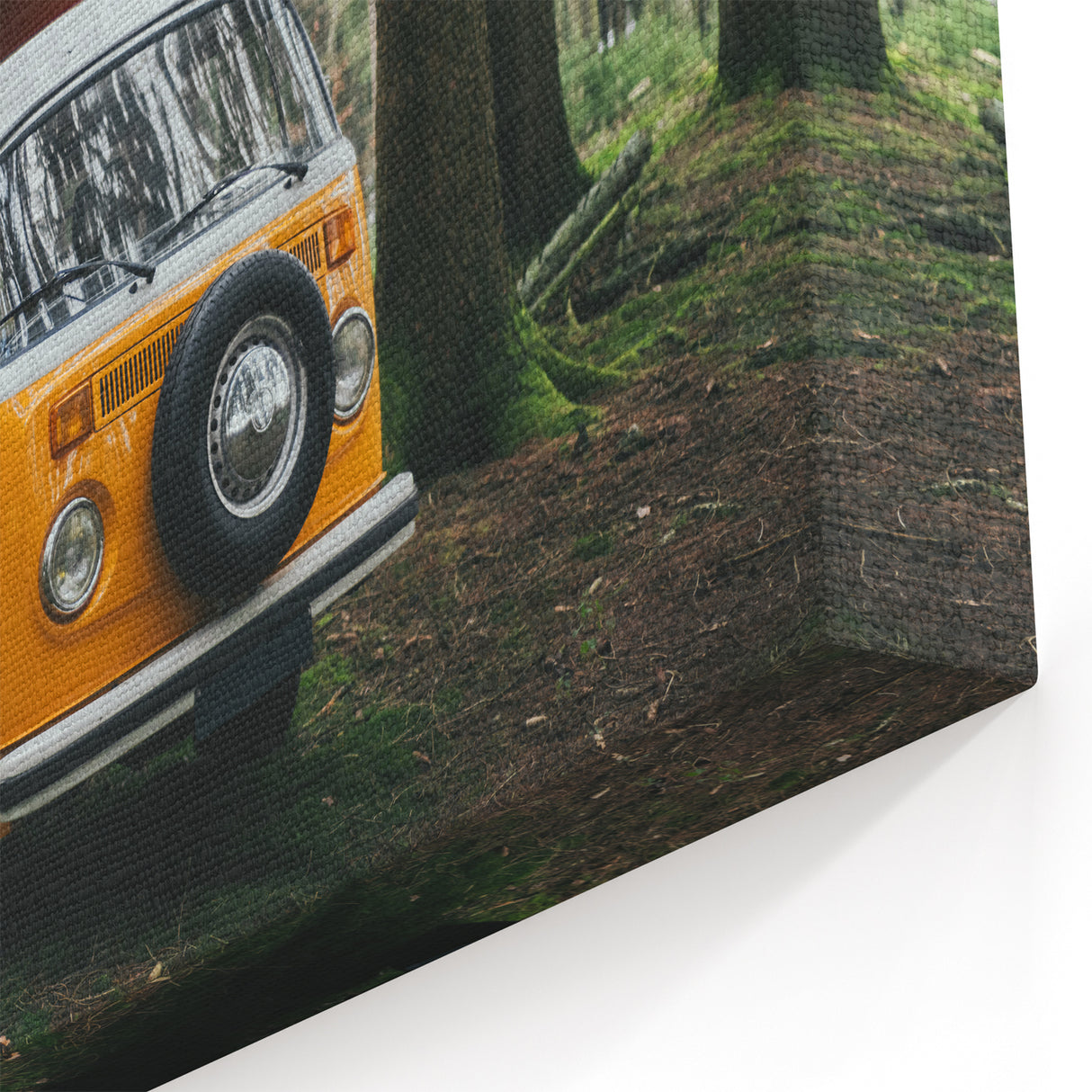 Retro Orange Camper Van in Forest - Rustic Adventure Wall Art Print