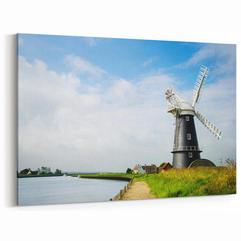 Coastal Windmill Wall Art - Tranquil Waterside Canvas Print Decor