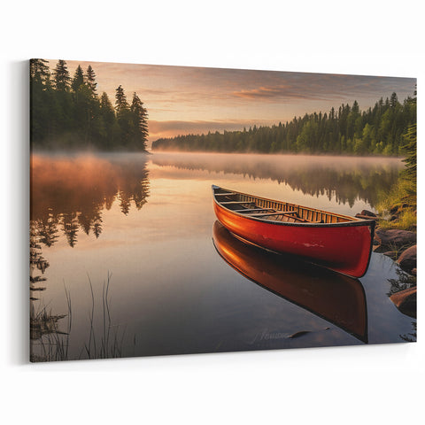 Sunset Rowboat on Misty Lake - Warm Coastal Wall Art Print