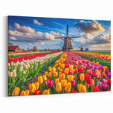 Colorful Tulip Field and Windmill Wall Art - Vibrant Dutch Canvas Print