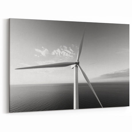 Modern Wind Turbine Wall Art - Black and White Ocean View Canvas Print