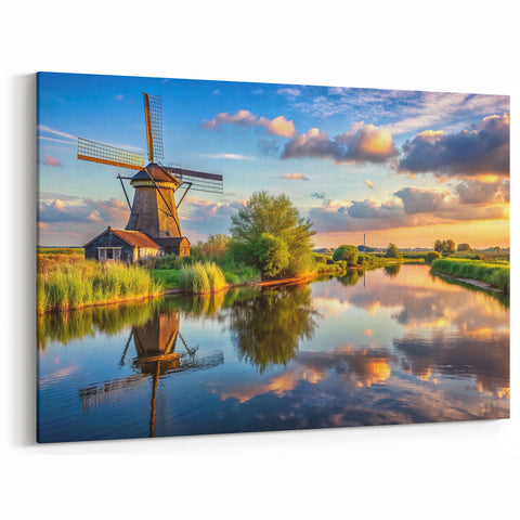 Tranquil Windmill by the River Wall Art - Vibrant Dutch Landscape Print