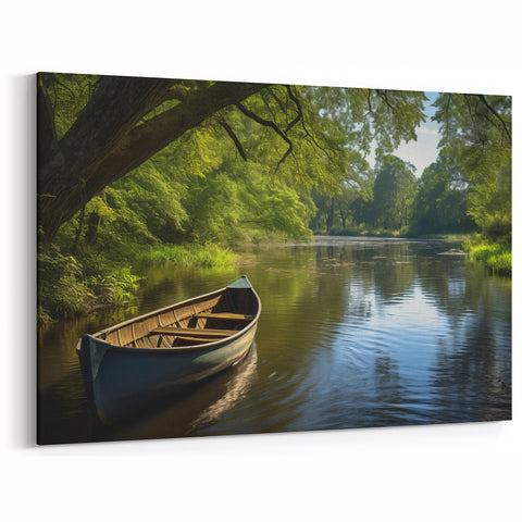 Peaceful Rowboat on Forest River - Serene Coastal Wall Art Print