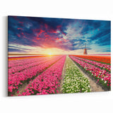 Colorful Windmill & Tulip Field Art - Scenic Sunset Canvas Print