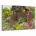 Rustic Water Wheel Garden - Vibrant Floral Landscape Canvas Art
