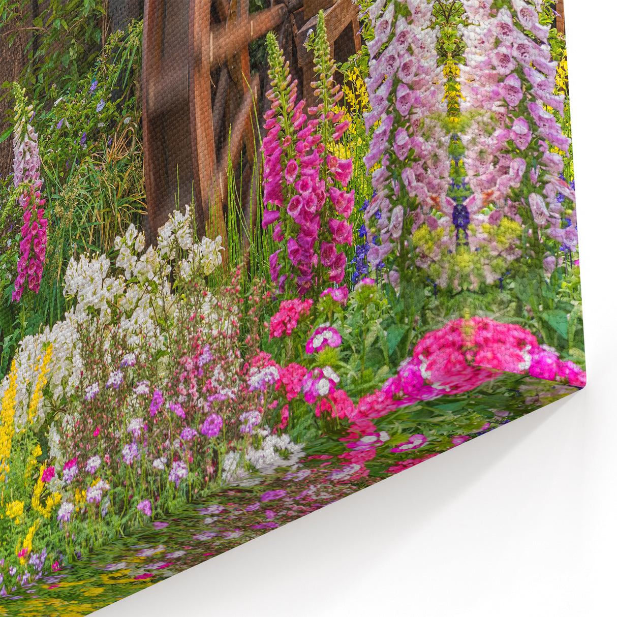 Rustic Water Wheel Garden - Vibrant Floral Landscape Canvas Art